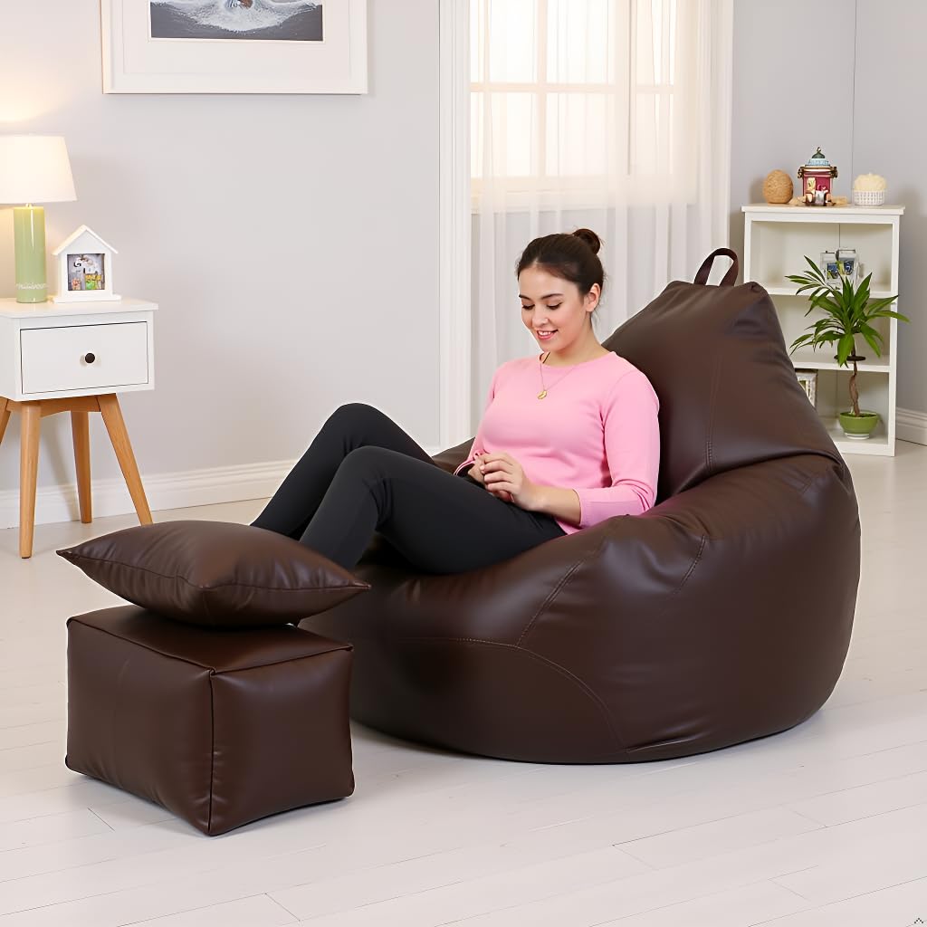 Leatherette SoftSeat Bean Bag with Footstool & Cushion | Premium Filled Bean Bag Chair for Adults & Kids | Comfortable, Durable & Stylish for Living Room & Gaming (Brown, 5XL)-image-36