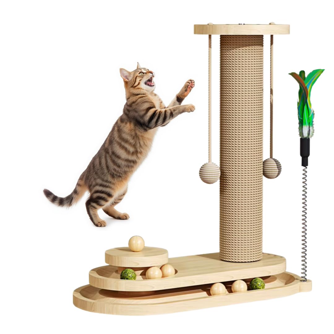 Solid Pine Wood Cat Toy Scratching Post with Roller Ball Track, Catnip Balls & Feather Teaser – Sisal Scratcher Tower for Indoor Cats, Durable Wooden Toy- Single Tower-image-35