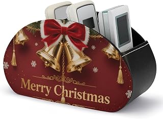 Remote Control Holder Remote Caddy Organizer Christmas Bell Print | 5 Compartment Remote Caddy Organizer, PU Leather Storage Holder, Desktop TV Remote Controller Stand for Home Sofa Living Room