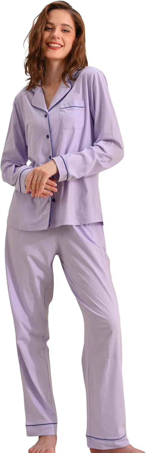 100% Cotton Pajamas for Women Set 2 Piece Soft Long Sleeve PJs Button Down with Bre...
