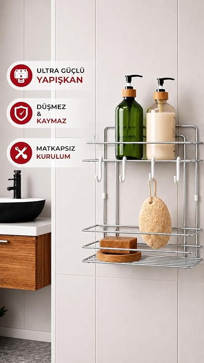 Sas Haus Lüks Krom Metal 2 Katlı Banyo Rafı Şampuanlık Ve Duş Rafı Askılı Yapışkanlı Duvara Monte TŞ-02