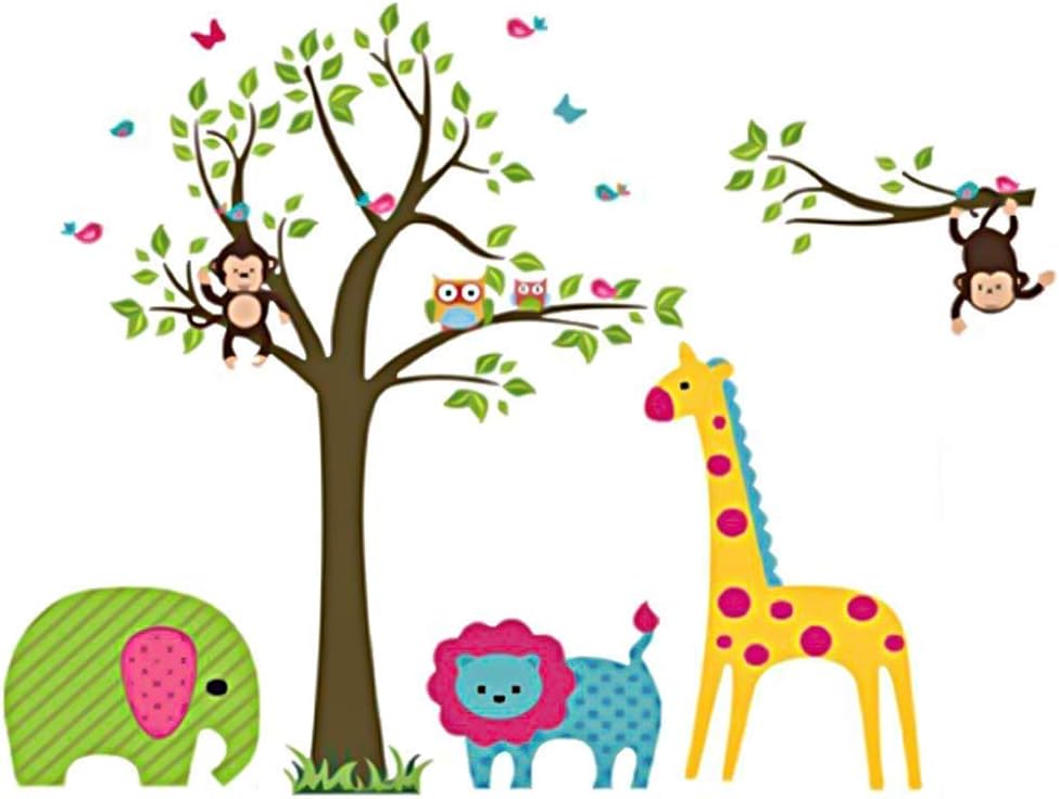 Discountfan Large Colorful Tree & Jungle Animals Wall Sticker Nursery Bedroom Wall Art Decor Cute Giraffe Monkey Owl Tree Art Wall Stickers Kids Room Removable Decal Baby Bedroom Wall Art by kiwigo