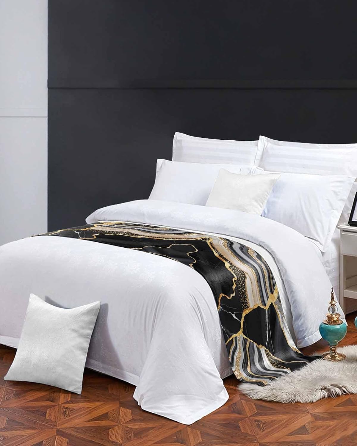 Abstract Marble Bed Runner Scarf King Size, Luxury Bed Throw Runners & Scarves for Twin Full Queen King Foot of Bed, Bedroom Hotel Wedding Room Decoration, ContemporaryBlack Grey Gold 94"x20"