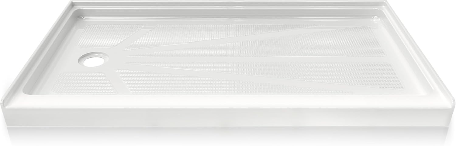 CKB Shower Base, 60" L x 32" W Left Drain with Single Threshold, Acrylic Shower Pan with Slip Resistant Textured Surface, White