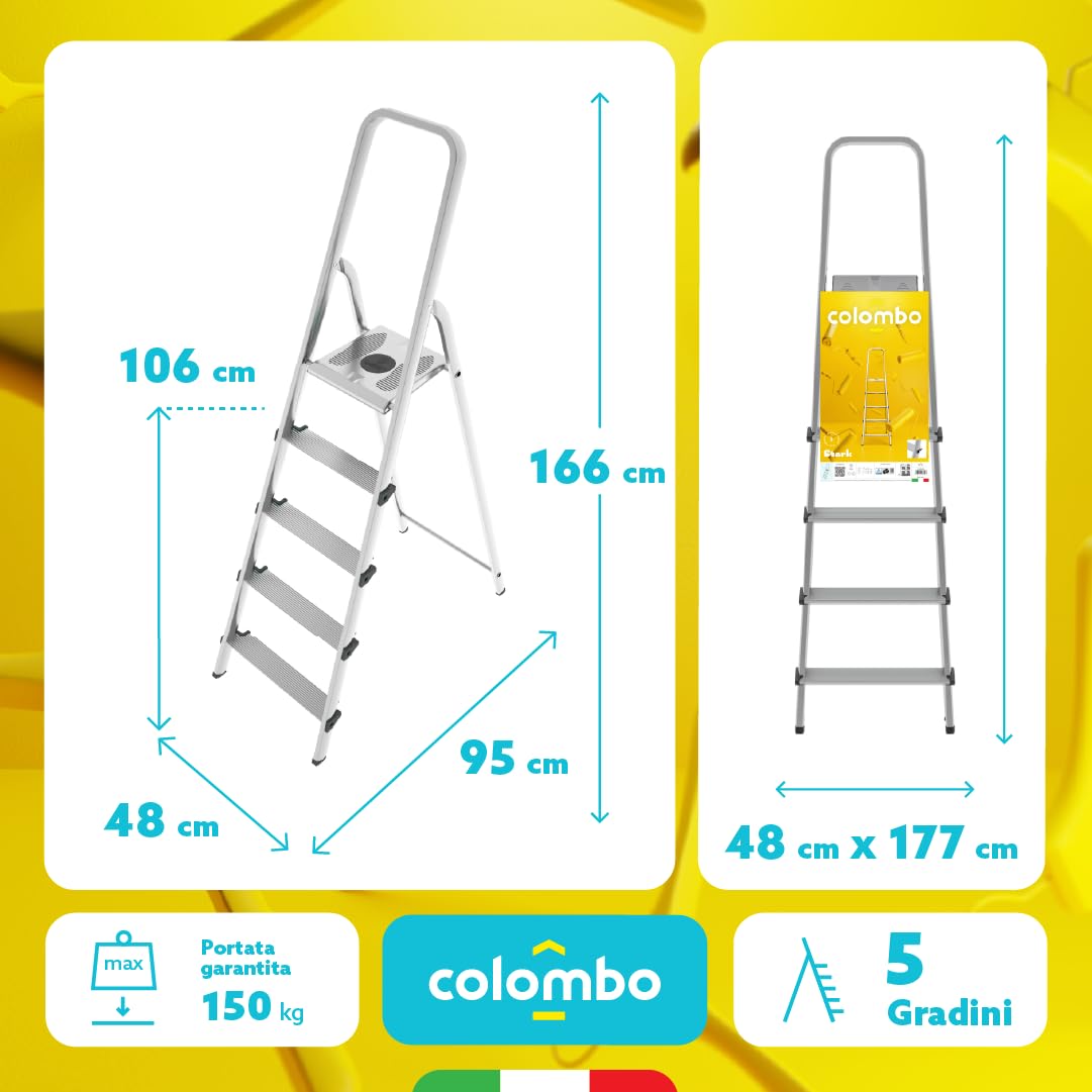Colombo Scala Alluminio e Acciaio Stark 4/5/6 Gradini | Scala 5 Gradini Senza Rivetto | Conforme EN131 TÜV-GS | Portata 150kg | Made in Italy