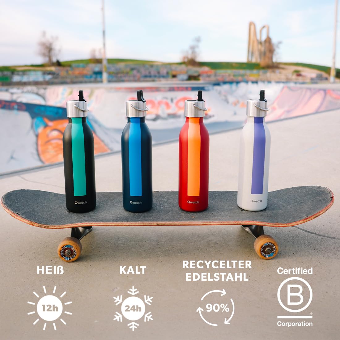 Qwetch - Trinkflasche 600 ml Edelstahl Schwarz Sport Serie - Thermosflasche aus 90% recyceltem Inox mit Sportverschluss - 24h Kalt & 12h Heiß - Isolierflasche, Auslaufsicher, BPA-frei & Kompakt
