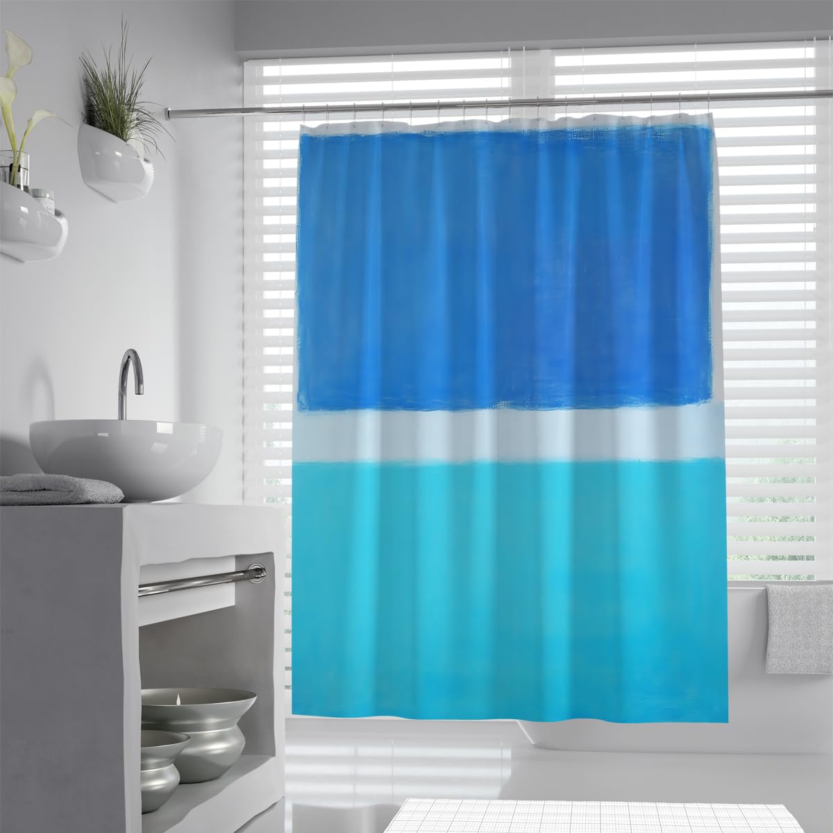 OLLIAR Home Teal Blue Waterproof Fabric Shower Curtains Modern Abstract Color Field Stripe Marine Gradient Contemporary Art Bathroom Curtains Set with Hooks 240x180cm