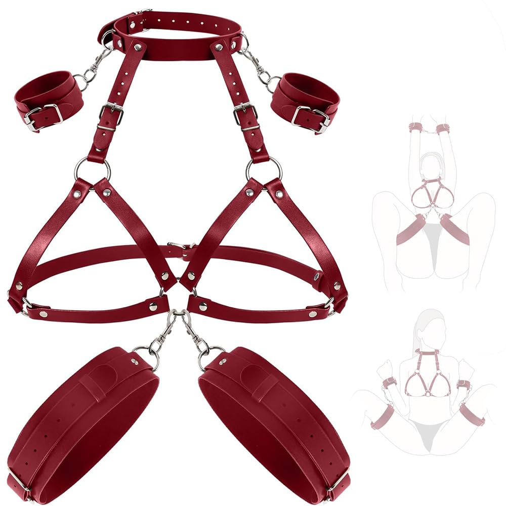 Écharpe de bondage de poitrine de yoga, harnais de cuisse en cuir du cou à la cuisse, menottes de poignet et de cuisse, jeu de couple pour femmes et jouets de couple (rouge)