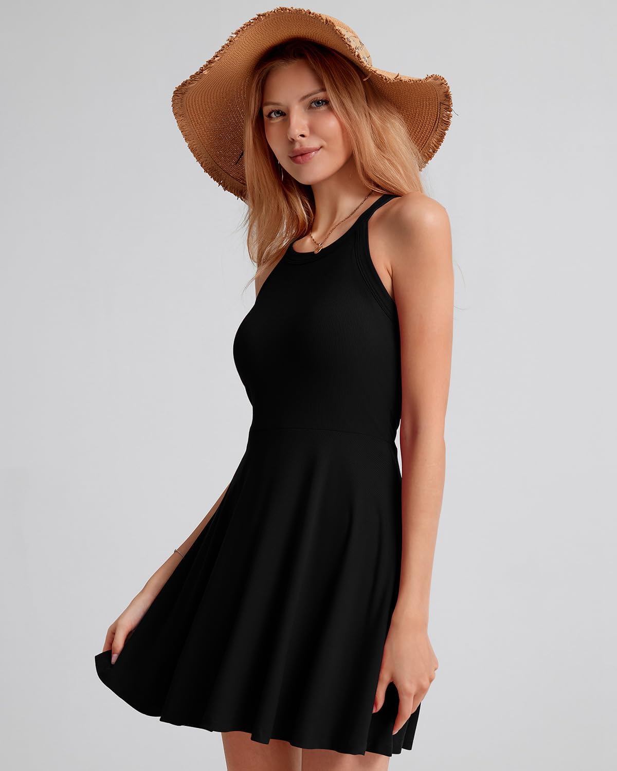 ANYFITTING Built in Bra Halter Dresses for Women Short Mini Casual Ribbed Skater Cute Dress - Image 6