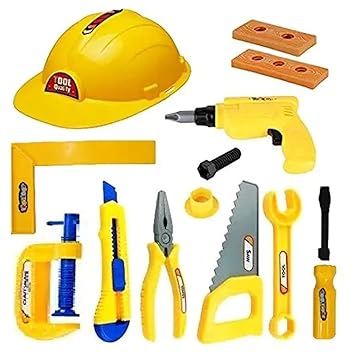 Happy ToolKit Construction Equipments Tools Toy Set for Kids Boys - 13 Piece Engineering Workshop Tool kit with Safety Helmet & Equiments | Helmet Tool Set Pretend Playset