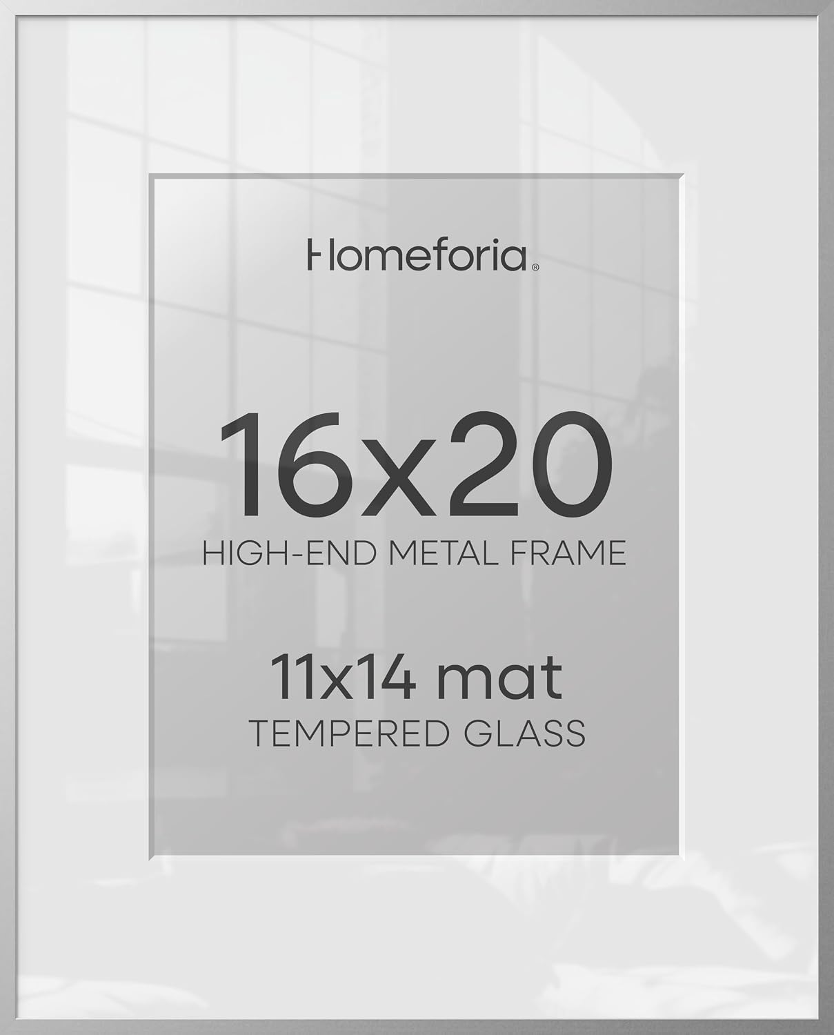 Homeforia 16 x 20 Picture Frame Silver, High End Metal 16 x 20 Frames with Mat 11 by 14 Photo, 16x20 Silver Poster Frame Matted to 11x14 Print, 20x16 Hanging Frames, Tempered Glass, Wall Kit, Set of 1