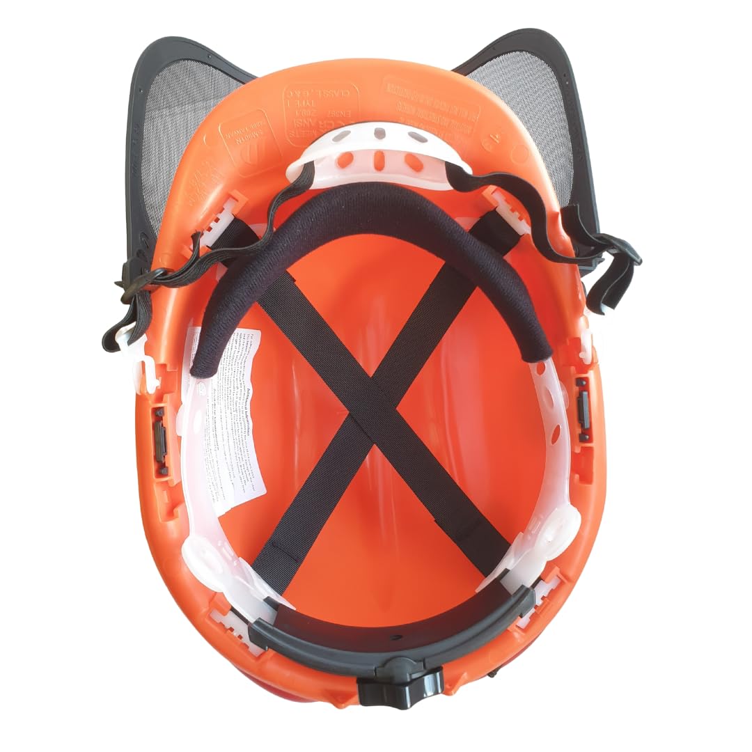 Viwanda Kettensägen-Schutzhelm Forsthelm, Forstschutzhelm mit Maschenvisier, Kapselgehörschutz und Kinnriemen - Gehörschutzmanschette und Netzvisier, orange, Einheitsgröße