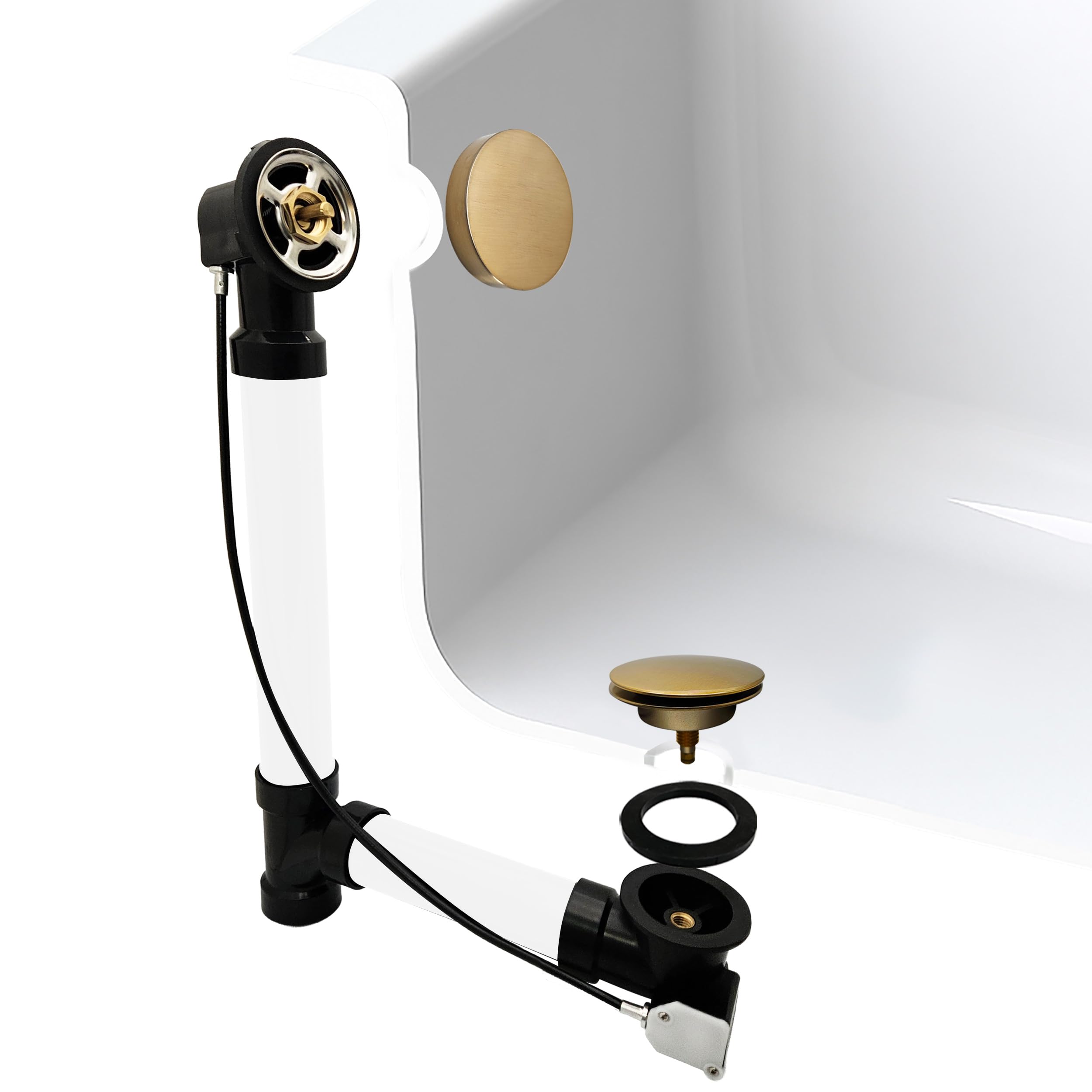 Westbrass A50A35SRE-19 35" SCH. 40 ABS Cable Driven Bath Drain Trim Kit with Rotary Overflow Cover Knob and Pop-Up Stopper, Champagne Bronze