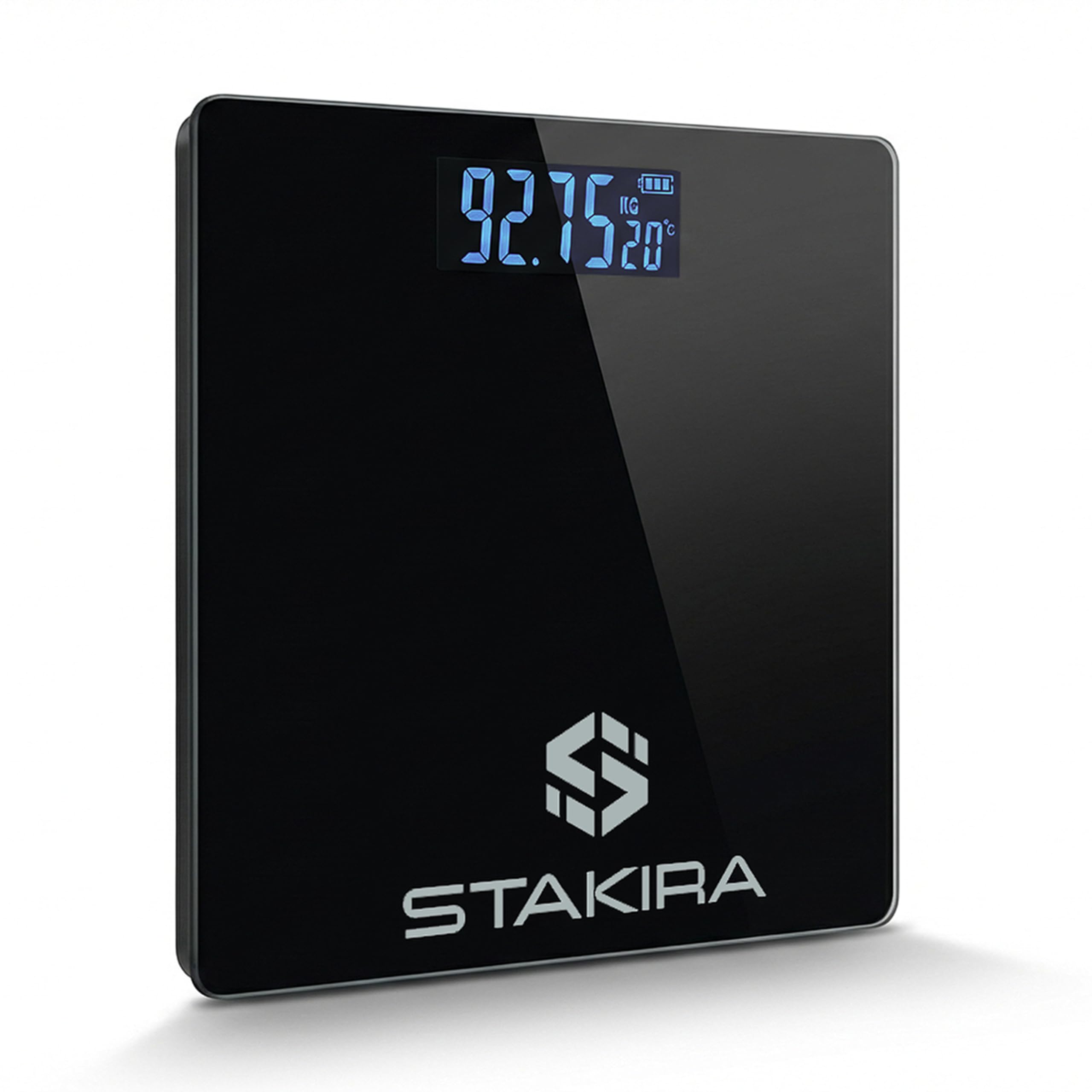 Bilancia Pesapersone Digitale STAKIRA – Fino a 180 kg – Alta Precisione 0.1 kg – USB Ricaricabile – Display LCD – Vetro Temperato Nero – Temperatura Integrata – Design Compatto 26x26 cm