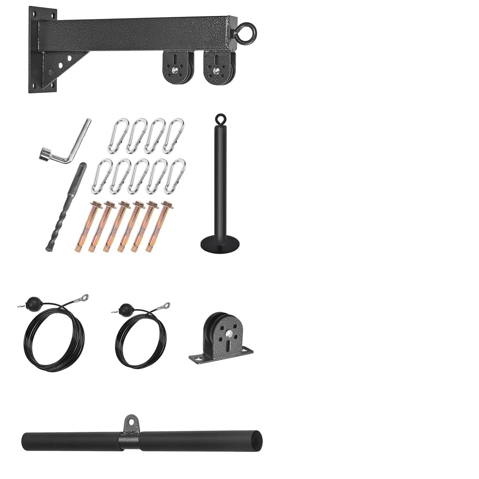 Wall Mounted Pulley System, Low Cable Machine Gym Pulley for LAT Pulldown, Biceps Curl Home Gym Equipment with Fitness Pull Down Bar, Tricep Rope (Wall Mounted Pulley System with Straight Bar)