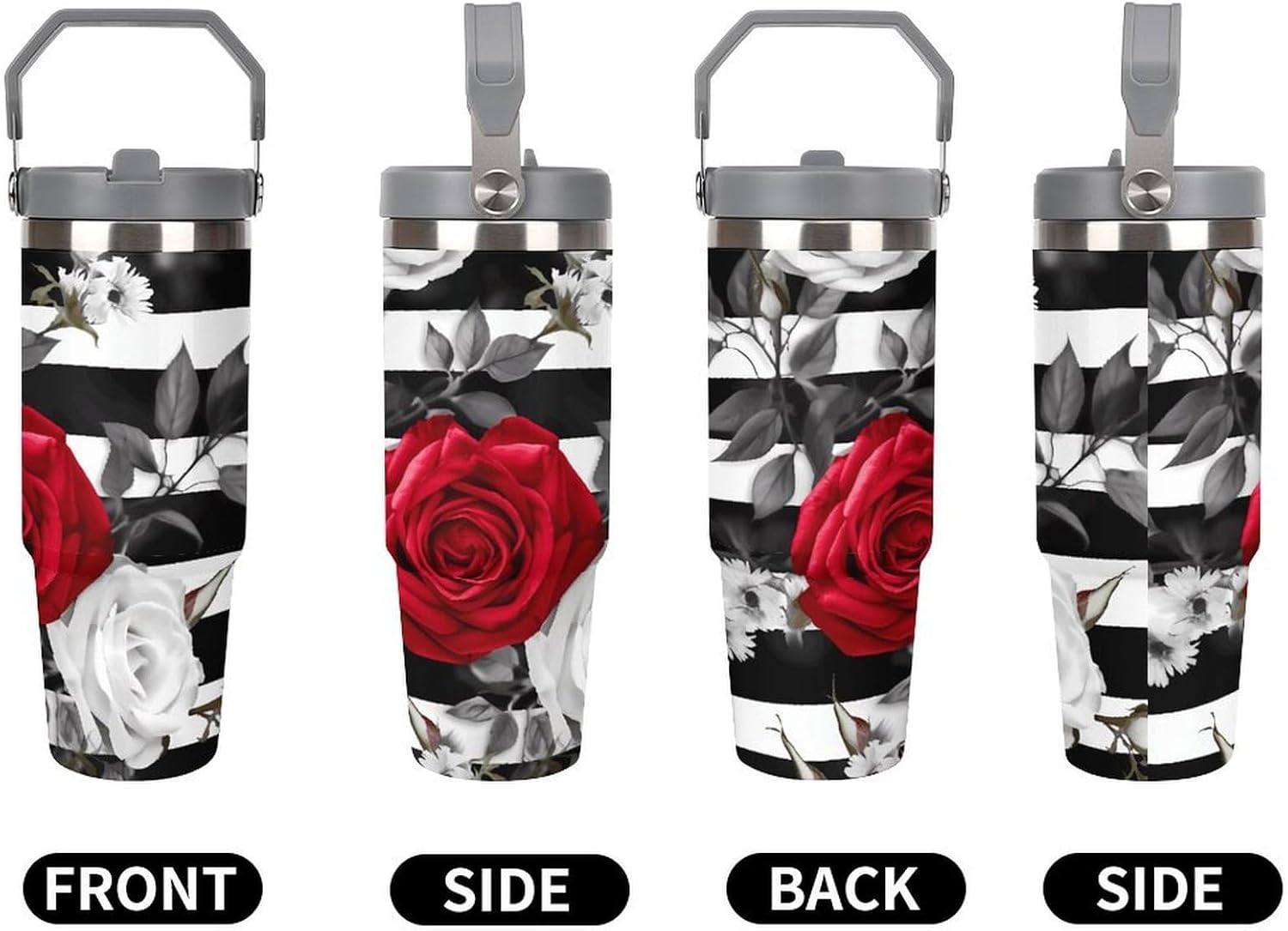 Black White Stripes Red Rose Flowers Water Bottle 30 Oz Fits Car Cup Holder,Insulated Coffee Mug Large Capacity Car Cups,Stainless Steel Double Wall Sport Bottle for Travel Sports Gym