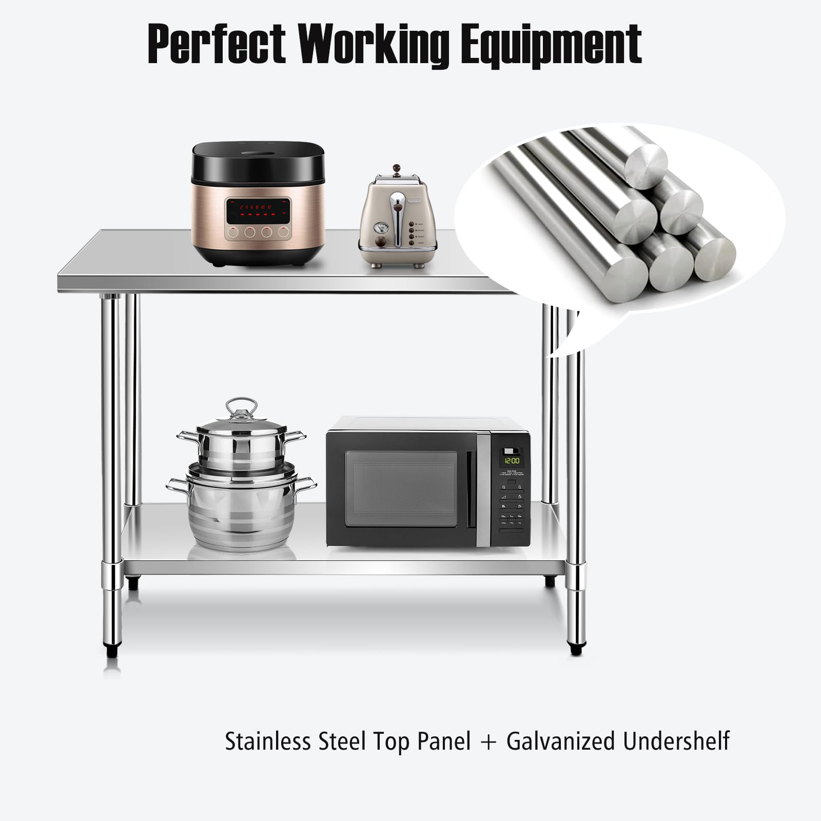 KOMFOTTEU Table Travail Cuisine à 2 Niveaux, Plateu INOX Grand, 122x61x90cm
