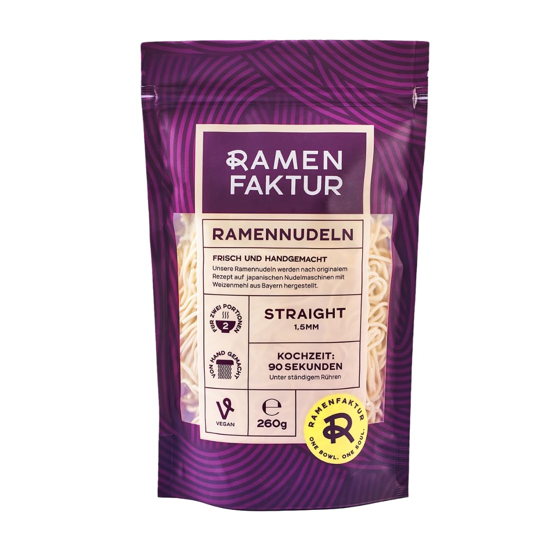 Ramenfaktur Ramen Nudeln Straight - Frische japanische Weizennudeln, handgemacht in Bayern, vegan, für authentische Ramen-Suppen, 12 x 260g Beutel