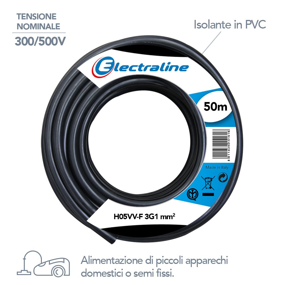 Electraline 11703 Cavo per Prolunghe, Sezione 3x1 mm, Lunghezza 50 m, Nero