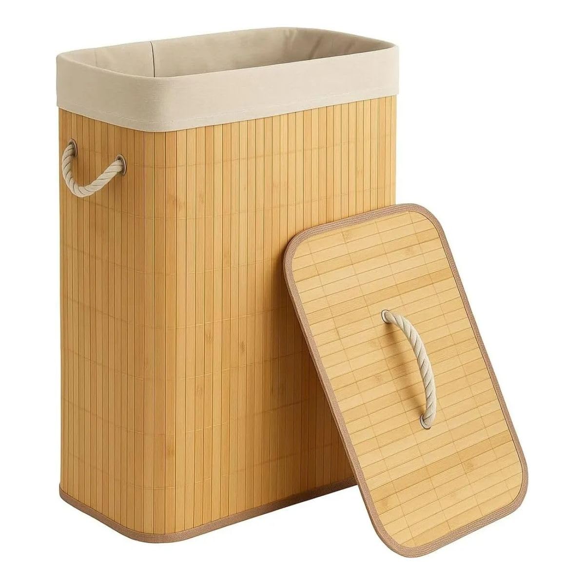 Cesto de Bambu Roupa Suja em Bambu Natural com Tampa 50L Alças de Corda Forro Removível