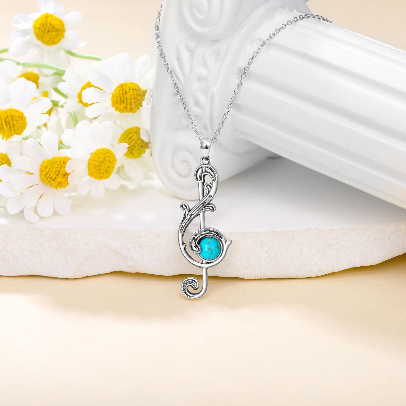 Collana da donna a forma di nota musicale turchese, in argento Sterling 925, ciondolo a forma di chiave di violino, gioiello vintage occidentale per gli amanti della musica, Argento sterling,