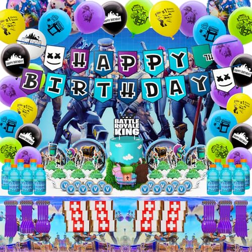 173pcs Birthday Party Supplies Battle Royale Theme Style Party Decorations Include Happy Birthday Banner Backdrop Tablecover Big Cake Toppers Cupcake Toppers Bottle Labels Stickers and Balloons Set