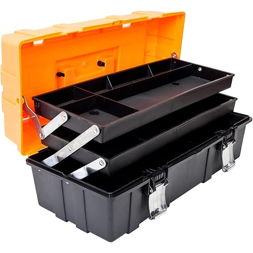Torin 17-Inch Plastic Tool Box,3-Tiers Multi-Function Storage Portable Toolbox Organizer, Black/Orange ATRJH-3430T