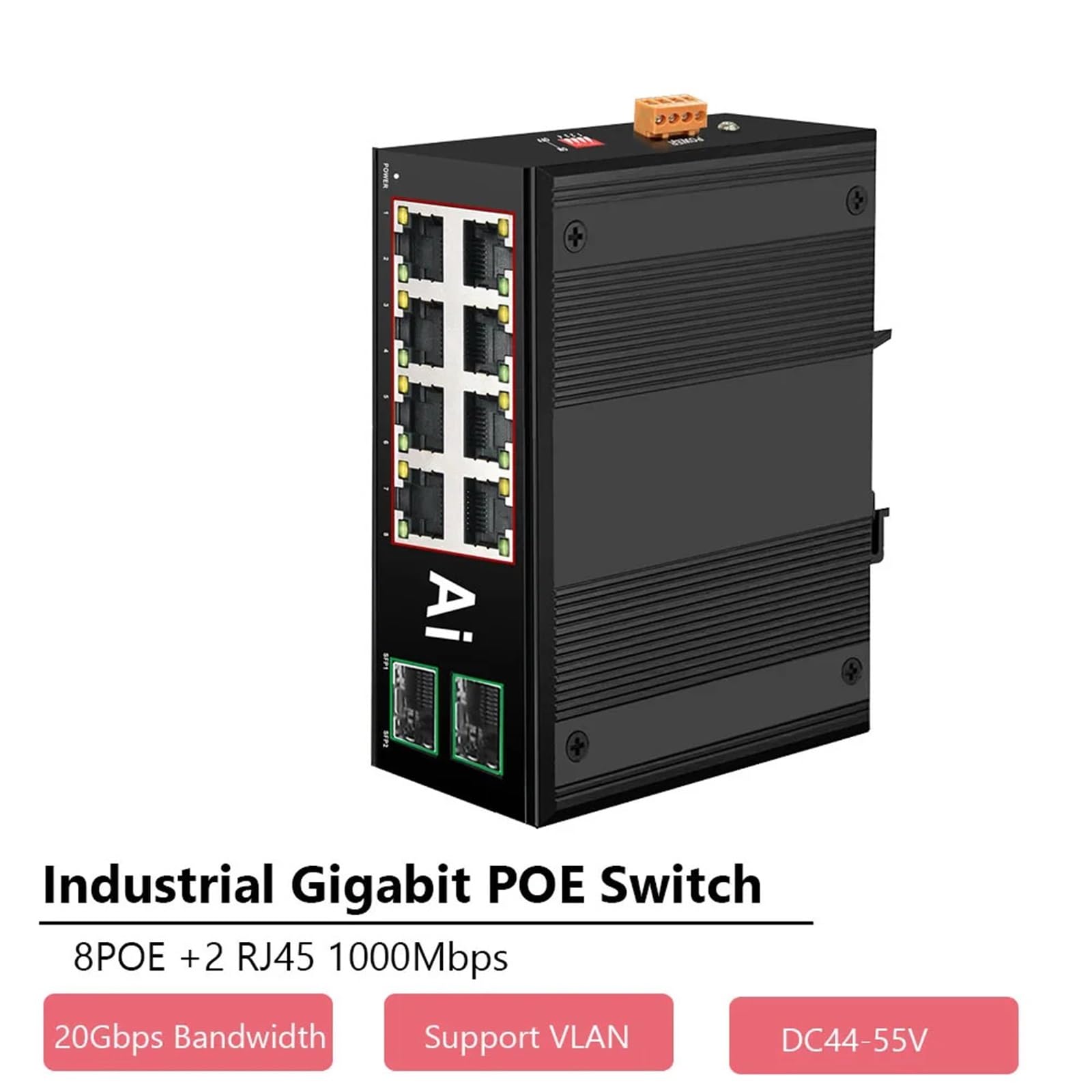 Commutateur Ethernet industriel Gigabit PoE Réseau rapide 10 ports 10/100/1000Base-T DIN IP40 Commutateur réseau extérieur (8-POE 2RJ45)
