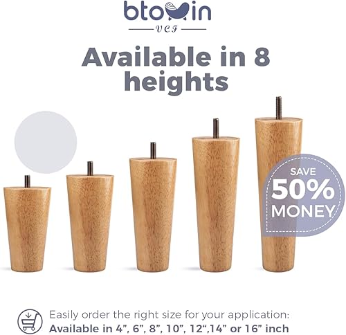 Miniatura 5 de Patas para muebles de madera maciza de 7 pulgadas, 4 patas de repuesto de madera moderna de mediados de siglo con pernos roscados de 516 pulgadas,