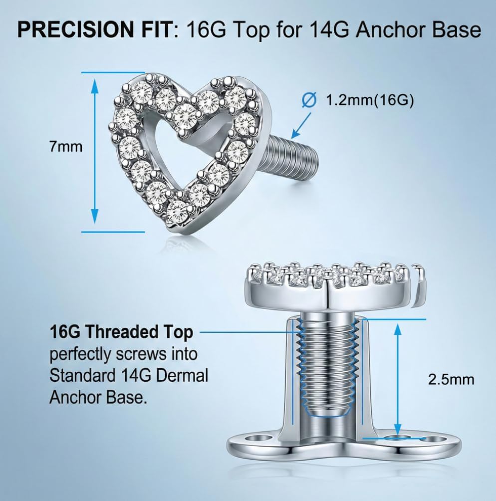 Anicina 14G Dermal Jewelry G23 Titanium Dermal Anchor Tops and Base Surgical Steel Microdermals Body Piercings Studs