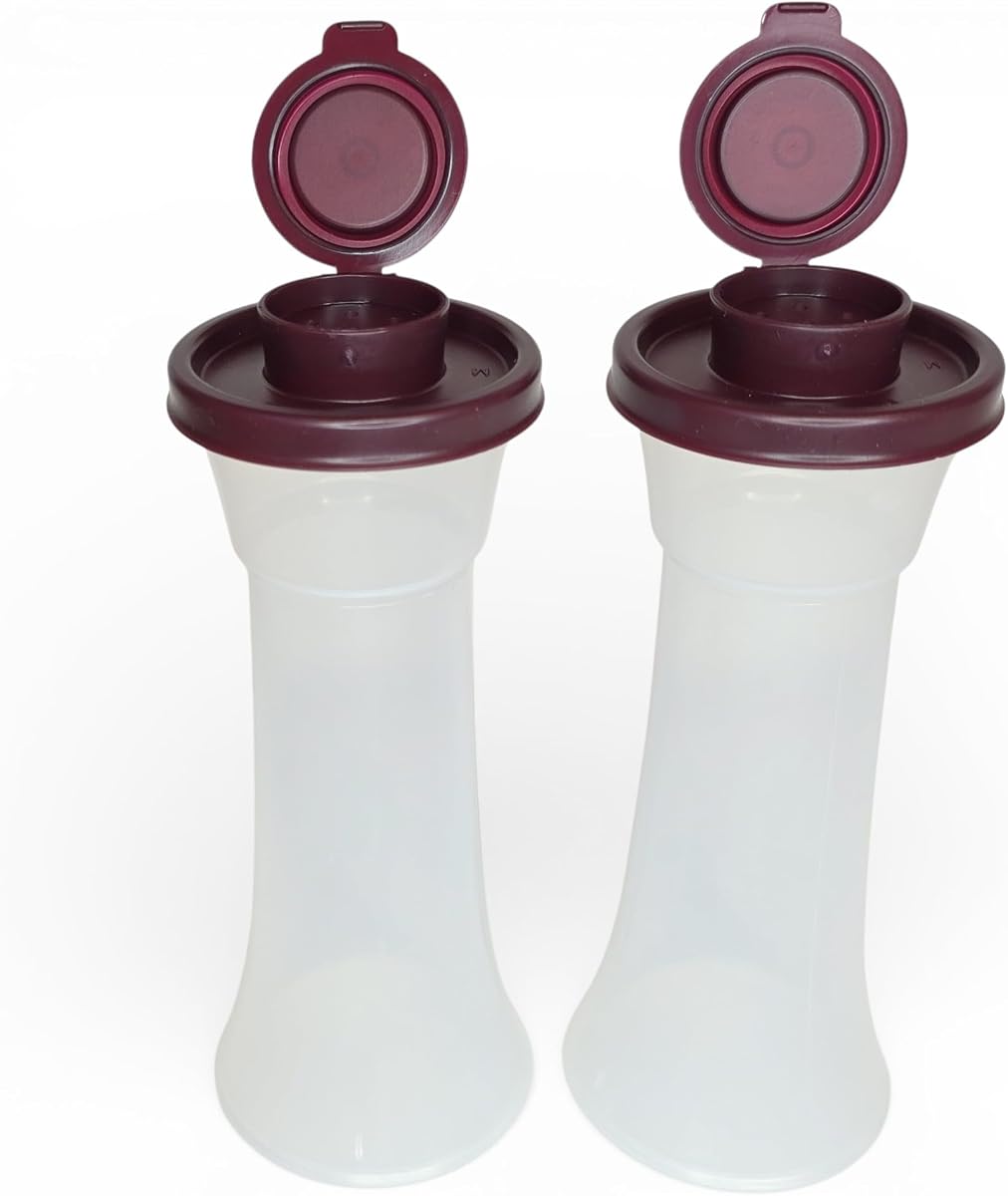 Tupperware Large Hourglass Salt and Pepper Shakers Clear Containers with Dark Vineyard Seals
