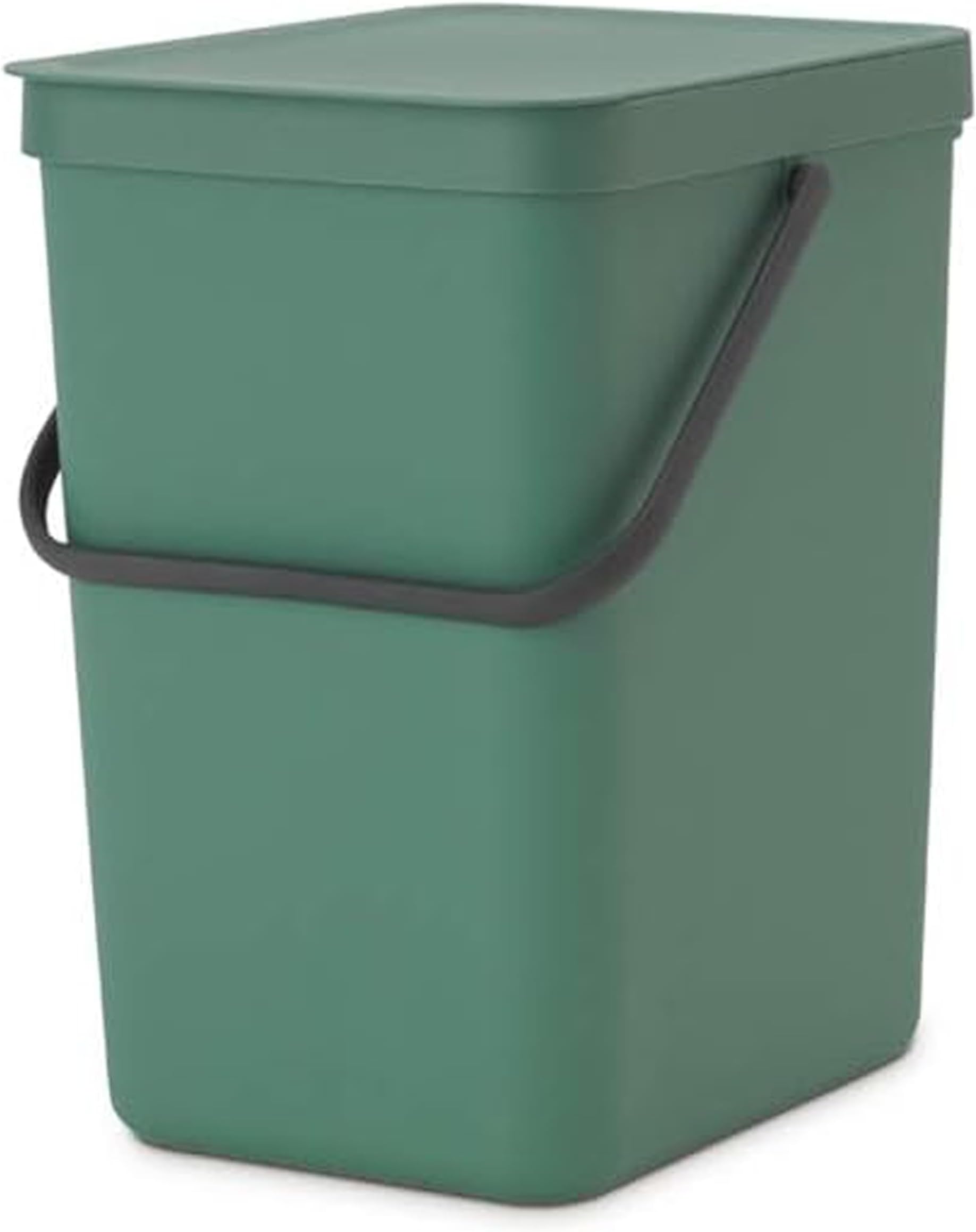 Brabantia Sort & Go Waste Bin 25L (Fir Green), Space-Efficient Plastic Recycle Container with Handle, Removable and Stay-Open Lid, Easy to Clean Kitchen Bin without Nooks and Rims