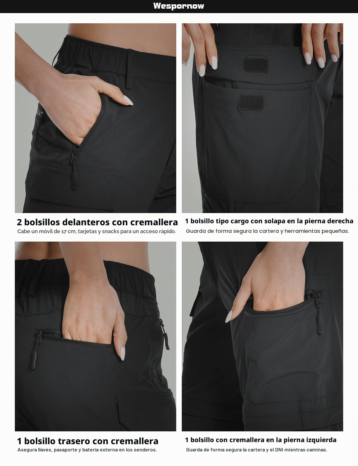 Wespornow Pantalones de Desmontable Senderismo para Mujer, Ligeros, de Secado rápido, elásticos, para Exteriores, UPF 50, Angel Safari, Cargo Capri, Bolsillos con Cremallera | Pantalones de trekking 3 en 1 con función impermeable, con buen ajuste, para sa