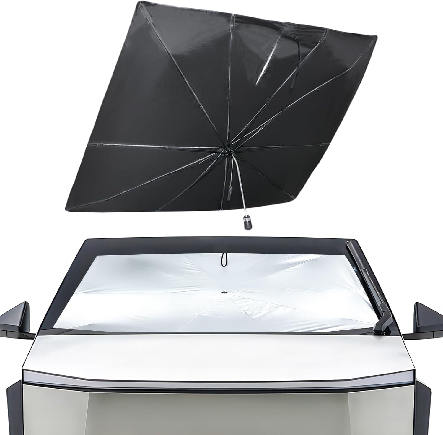 BESTAOO Windshield Sun Shade for Tesla Cybertruck 2024 2025 Sunshade Umbrella Blackout 5 Layer UV & Heat Insulation Front Window Cover, Titanium Silver Thickened Fabric for Outdoor Camping & Travel