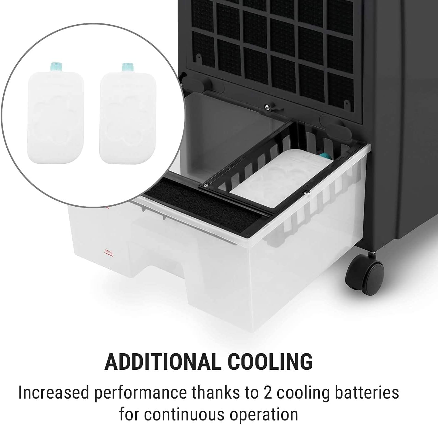 Close-up view of the water tank of the OneConcept CTR-1 air cooler, showing two cooling packs being inserted for additional cooling.