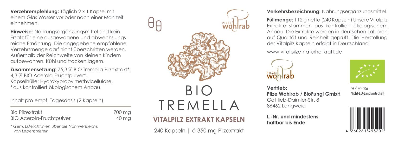 Bio Tremella Extrakt Kapseln, 240 Kapseln à 350 mg Tremella Pilz Extrakt je Kapsel. Mit Acerola Vitamin C, Vitalpilze Extrakt - 1 Dose - Nahrungsergänzungsmittel