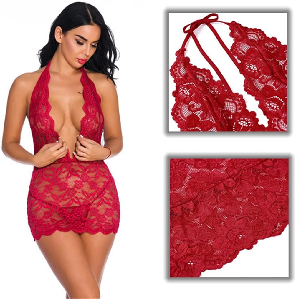 QHQQXN Lencería de Encaje Camisón de Malla Transparente Camisón con Cuello en V Profundo Camisón Halter Vestido sin Espalda Body con Tanga para Damas Pijama Ropa de Dormir Nupcial