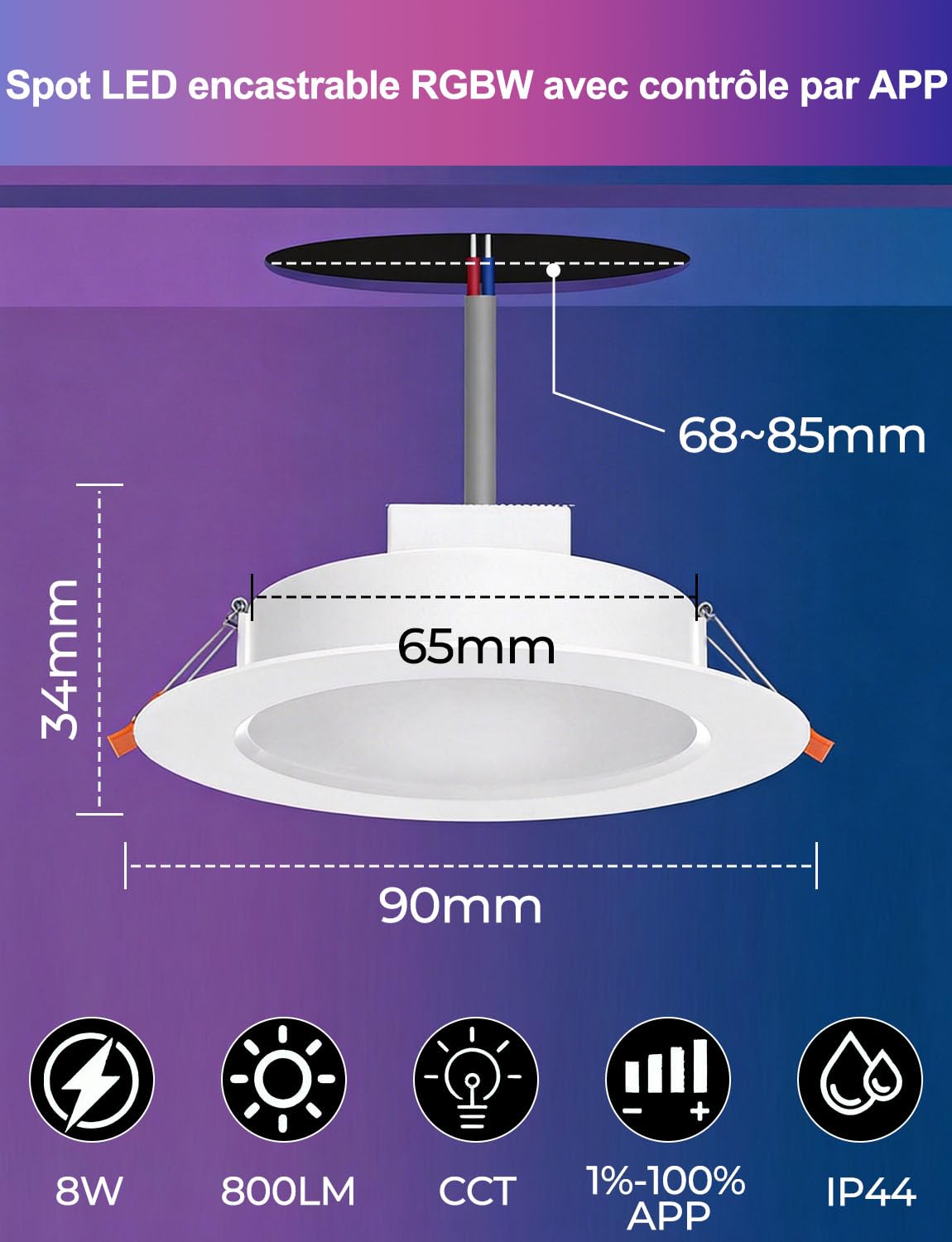HEKEE Spot LED Encastrable RGB Bluetooth, Ф68-85mm Couleur Spot Encastré Minuterie Via APP，IP44 2700-6000K Spot LED Encastrable (Lot De 6)