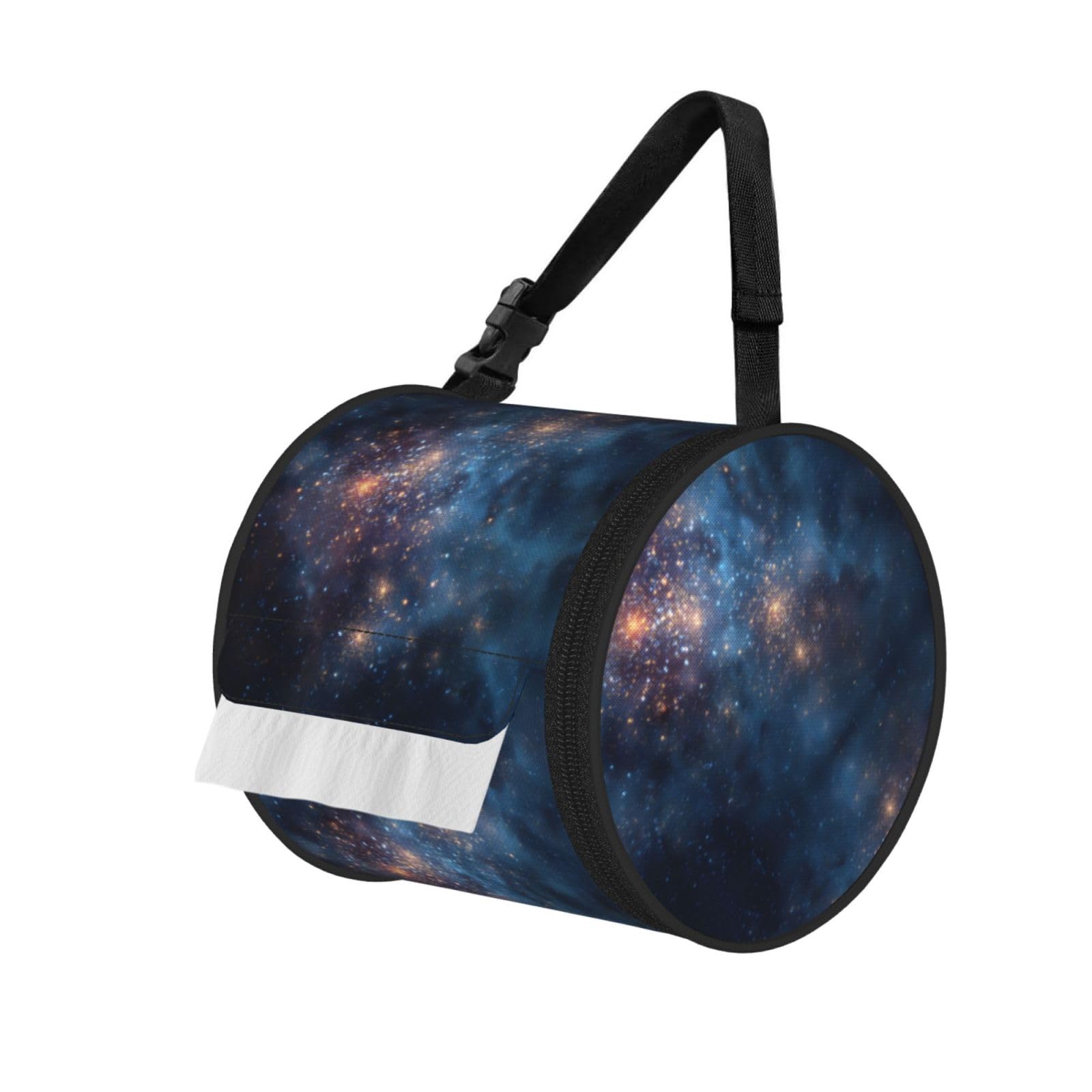 Star Clusters Galaxies Printed Cylindrical Tissue Bag Portable Oxford Cloth, Foldable Travel Tissue Holder With Zipper And Adjustable Belt