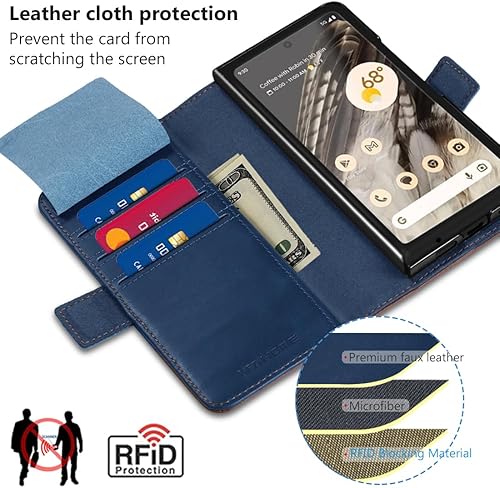 Miniatura 3 de KEZiHOME Funda para Google Pixel Fold, piel auténtica bloqueo RFID Funda tipo cartera con ranuras para tarjetas, soporte para teléfono con tapa para