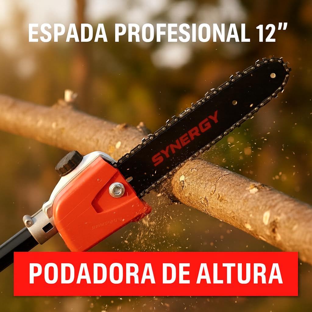 Synergy Desbrozadora Multifunción 7 en 1 65cc 4,9CV – Motor 2T, Motosierra, Cortasetos, Kit de protección, Discos y Arnés Profesional