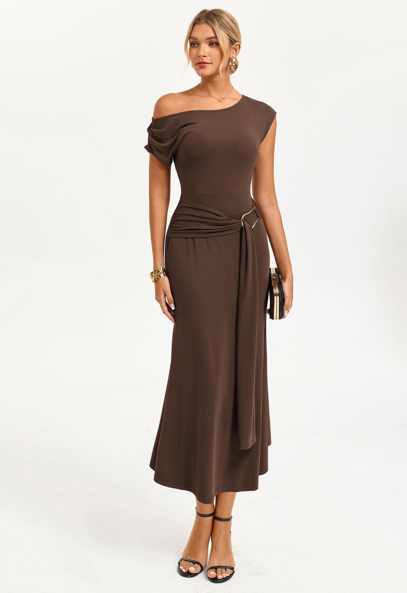 GRACE KARIN Maxi abito da donna aderente con maniche ad aletta asimmetriche e collo obliquo, fascia e decorazione in metallo