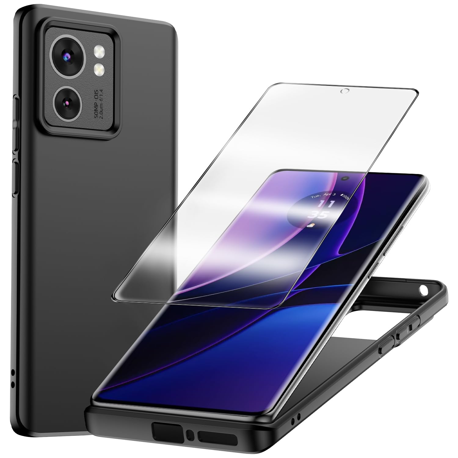 for Motorola Moto Edge 2023 Case and 1 Pack Tempered Glass Screen Protector, Slim Silicone Shockproof Protective Case Cover - Black