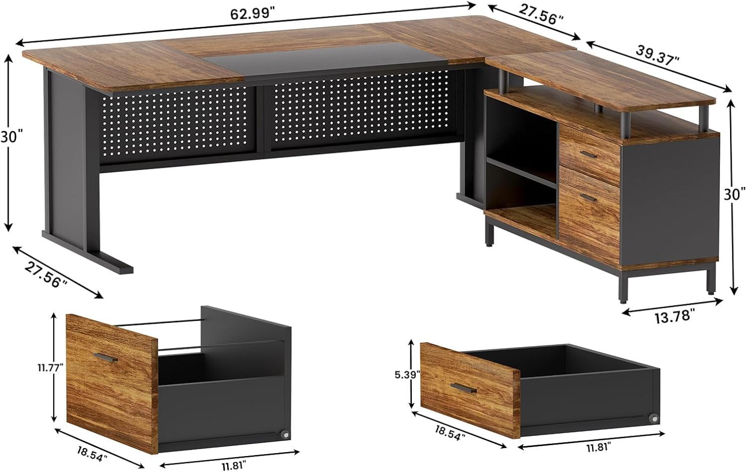 62.99'' Executive Office Desk,L-Shaped Office Desk with File Drawer, Large Writing Desk with Storage Shelves and Printer Stand, Home Office Furniture in Dark Brown