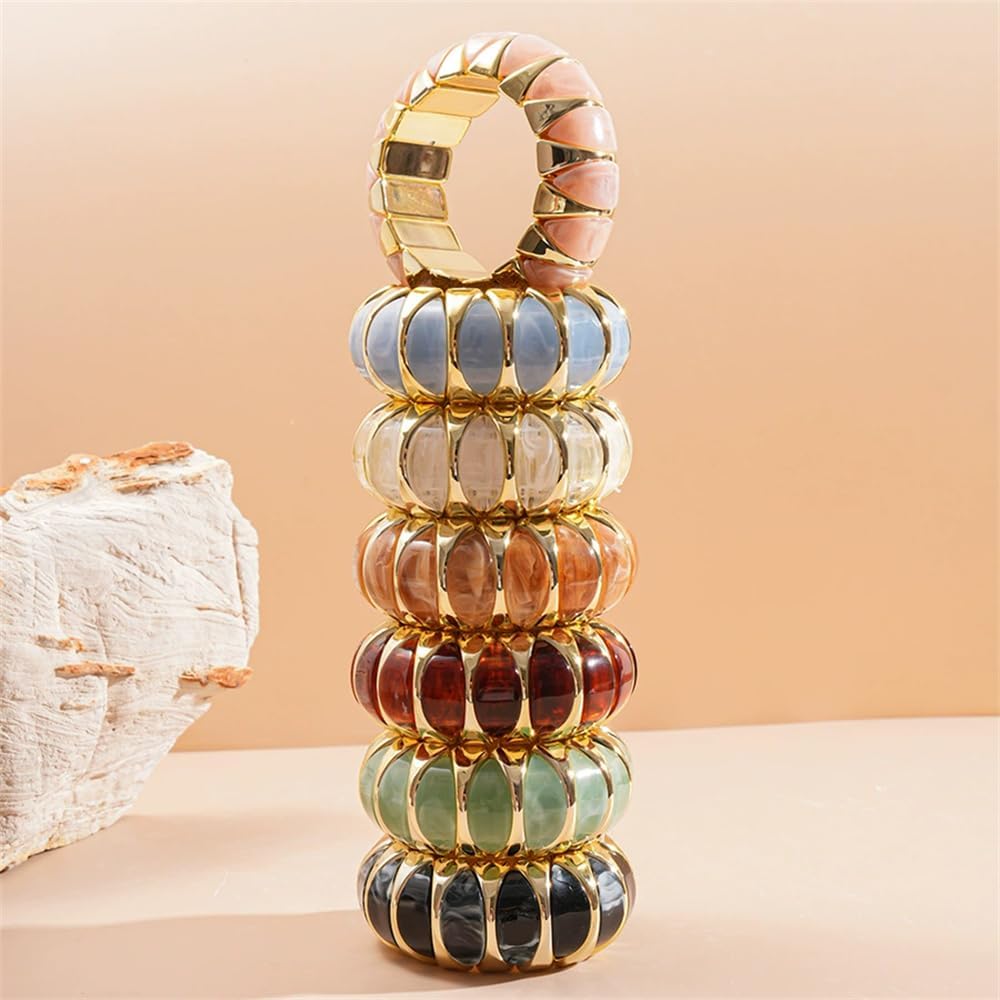 Chunky Multicolored Cuff Bangle Bracelet Geometric Bohemian Mixed Color Stretch Bangle for Women Acrylic Beaded Wristband Bracelet Statement Party Jewelry - Image 3