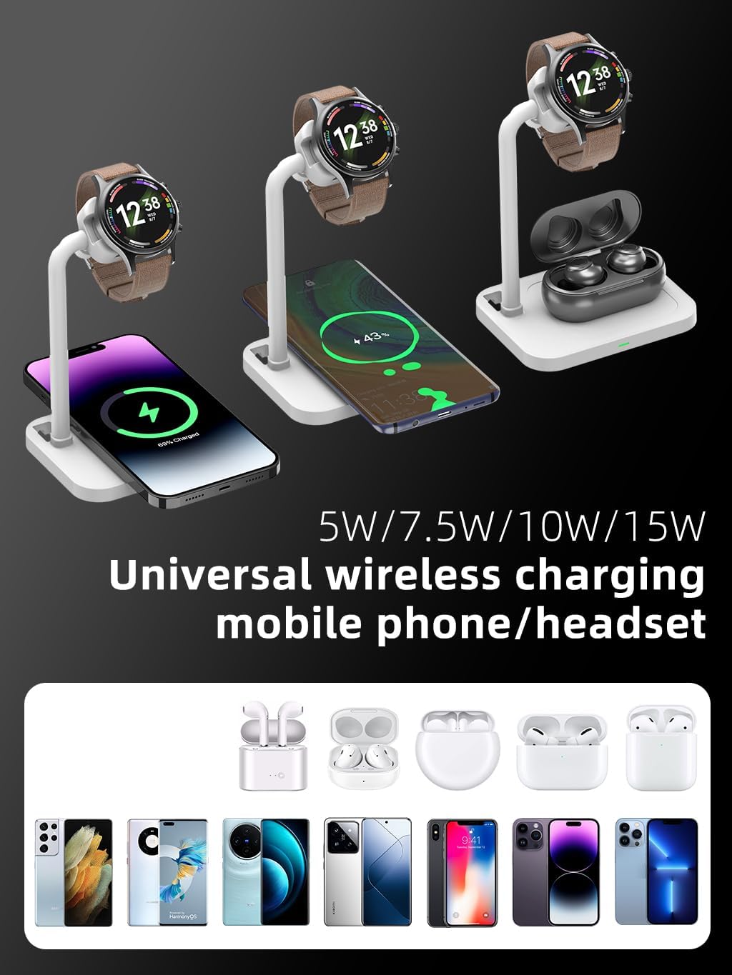 2 in 1 Universal Wireless Charging Dock with Adjustable Smartwatch Stand, Compatible with Samsung/Google/Pixel/Fossil/Fitbit/Garmin/Huawei/AMAZTIM/Amazfit/Suunto/xiaomi(2SW-W) White Universal Watch Bracket+Wireless charging