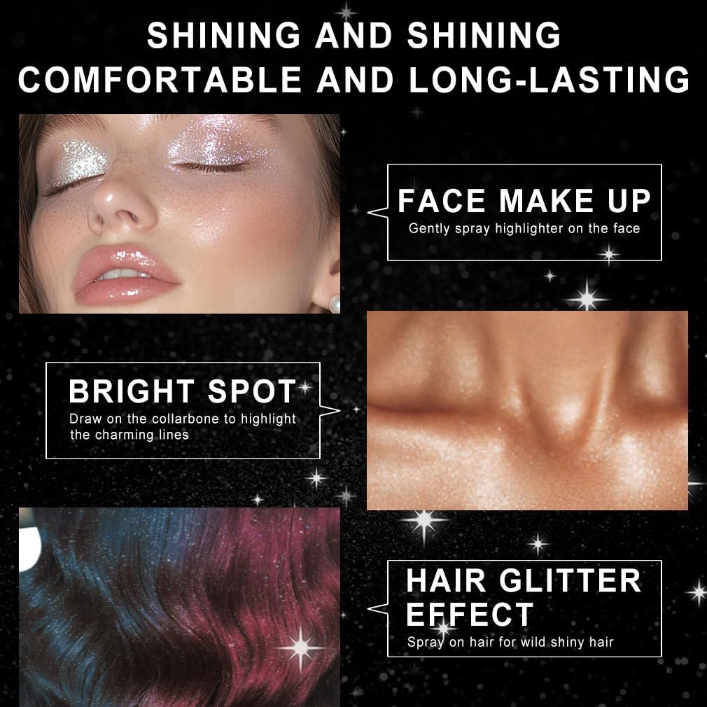 Glitter Spray,Lacca Brillantini per Capelli,Spray Glitter Corpo e Viso,Glitter spray multiuso,Glitter Capelli Vestiti per Carnevale Halloween Natale Club Mascherata Feste,100ml