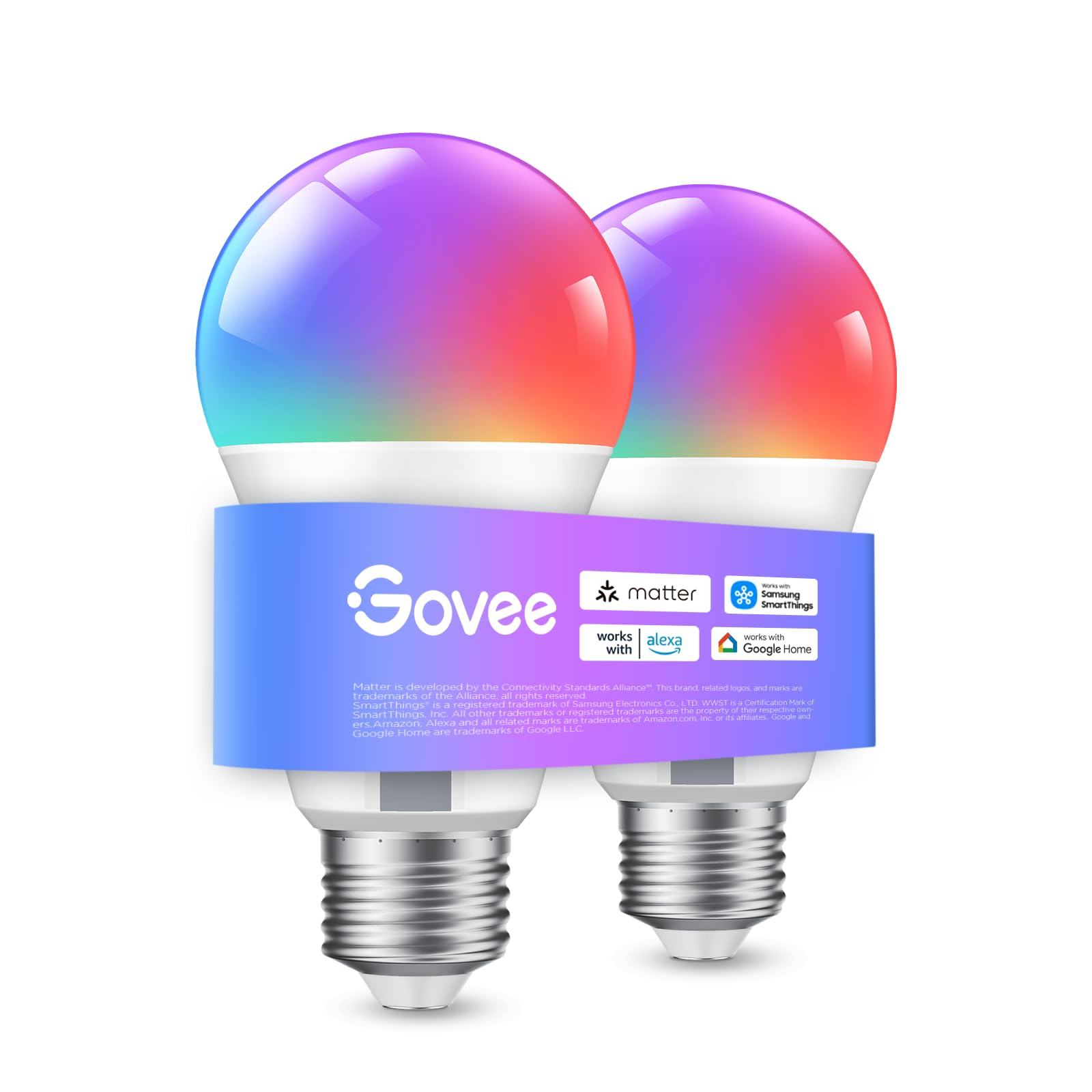 Govee RGBWW Smart Bulb E27, Work with Matter, Alexa and Google Assistant, WiFi Alexa Light Bulbs E27, 9W, 800LM, Music Sync, 16 Million Colors, 54 Scenes, 2 Packs [Energy Class F]