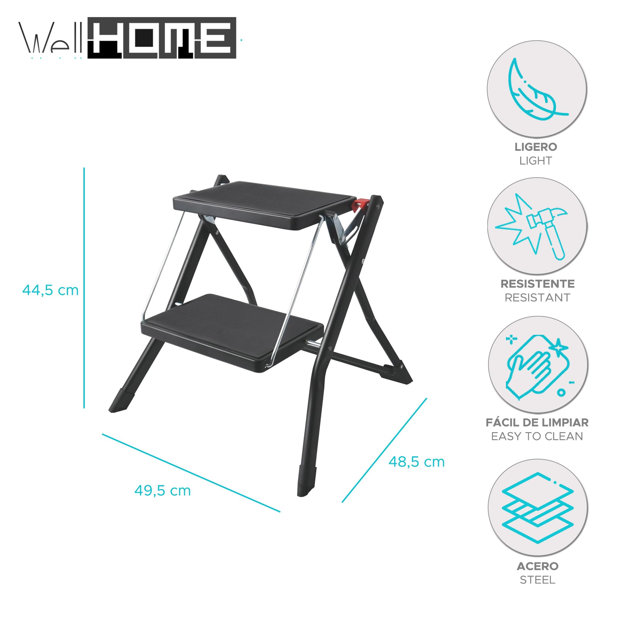 Well Home Escalera Plegable de 2 Peldaños en Acero de Color Negro, Antideslizante y Ligera