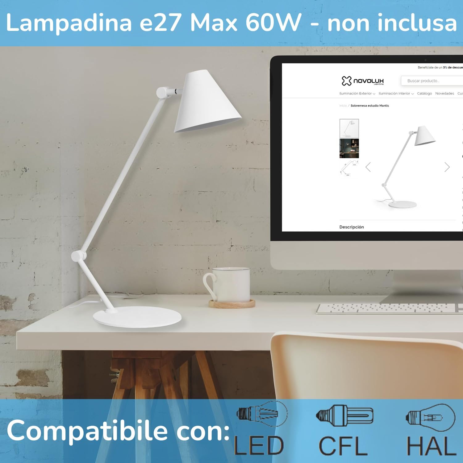 lampada da scrivania bianca MANTIS - lampada ufficio scrivania - lampada led da scrivania - luce da scrivania led e27 - lampada da studio - desk lamp - luci da scrivania